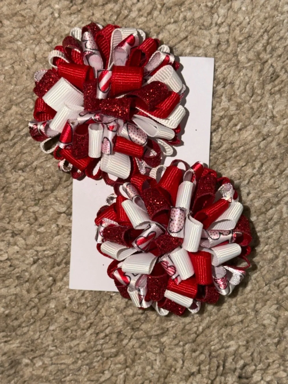 Red & White Ribbon Hair Bows Pair